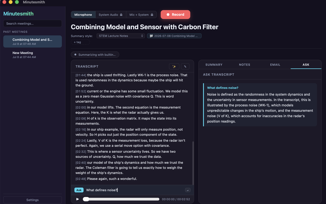 Minutesmith in dark mode with Microphone, System Audio, and Mic + System capture options next to a red Record button.