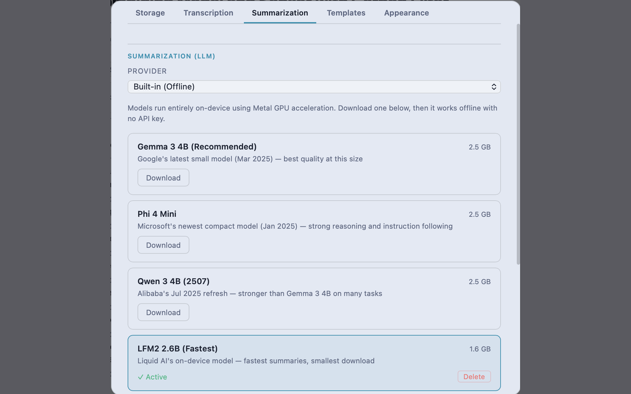 Minutesmith summarization settings showing a built-in offline provider with several downloadable on-device models.